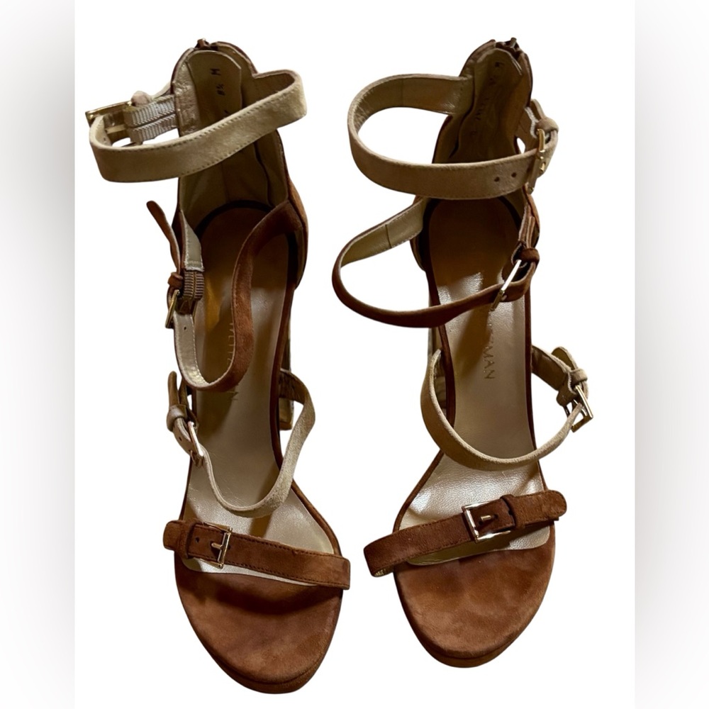 ⭐️Stuart Weitzman 4 Buckle Strap Platform Suede Leather Block Heel Sandal 8.5